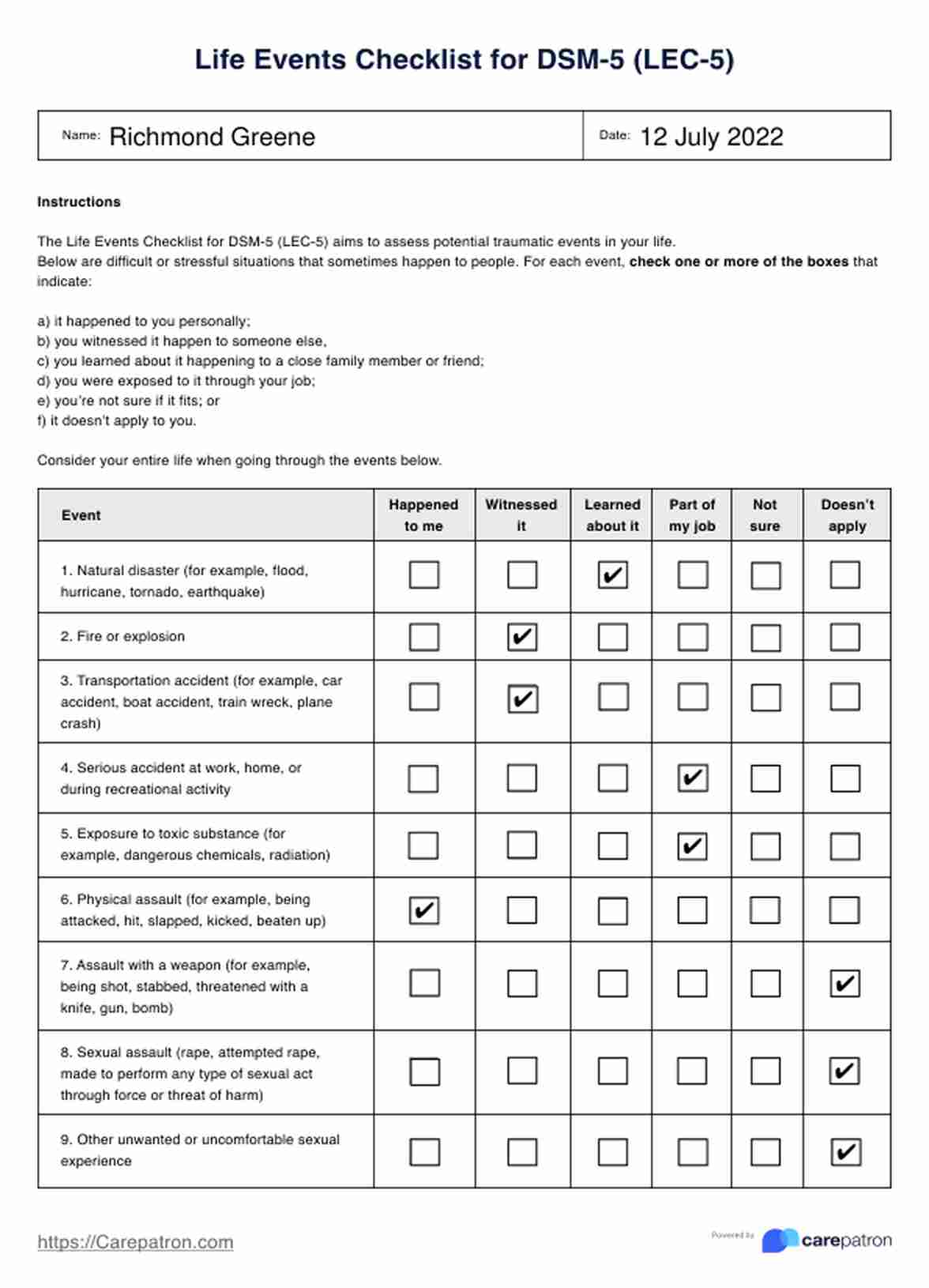 Life Events Checklist for DSM-5 (LEC-5) PDF Example
