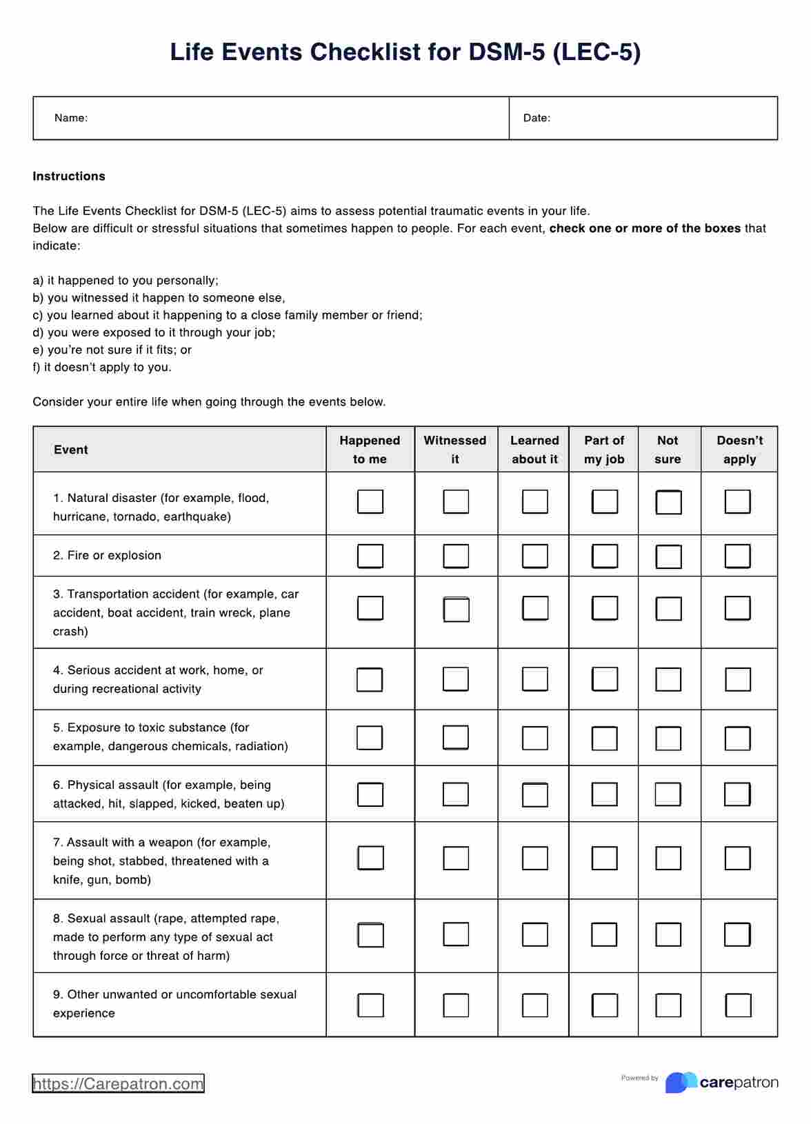 Life Events Checklist for DSM-5 (LEC-5) PDF Example