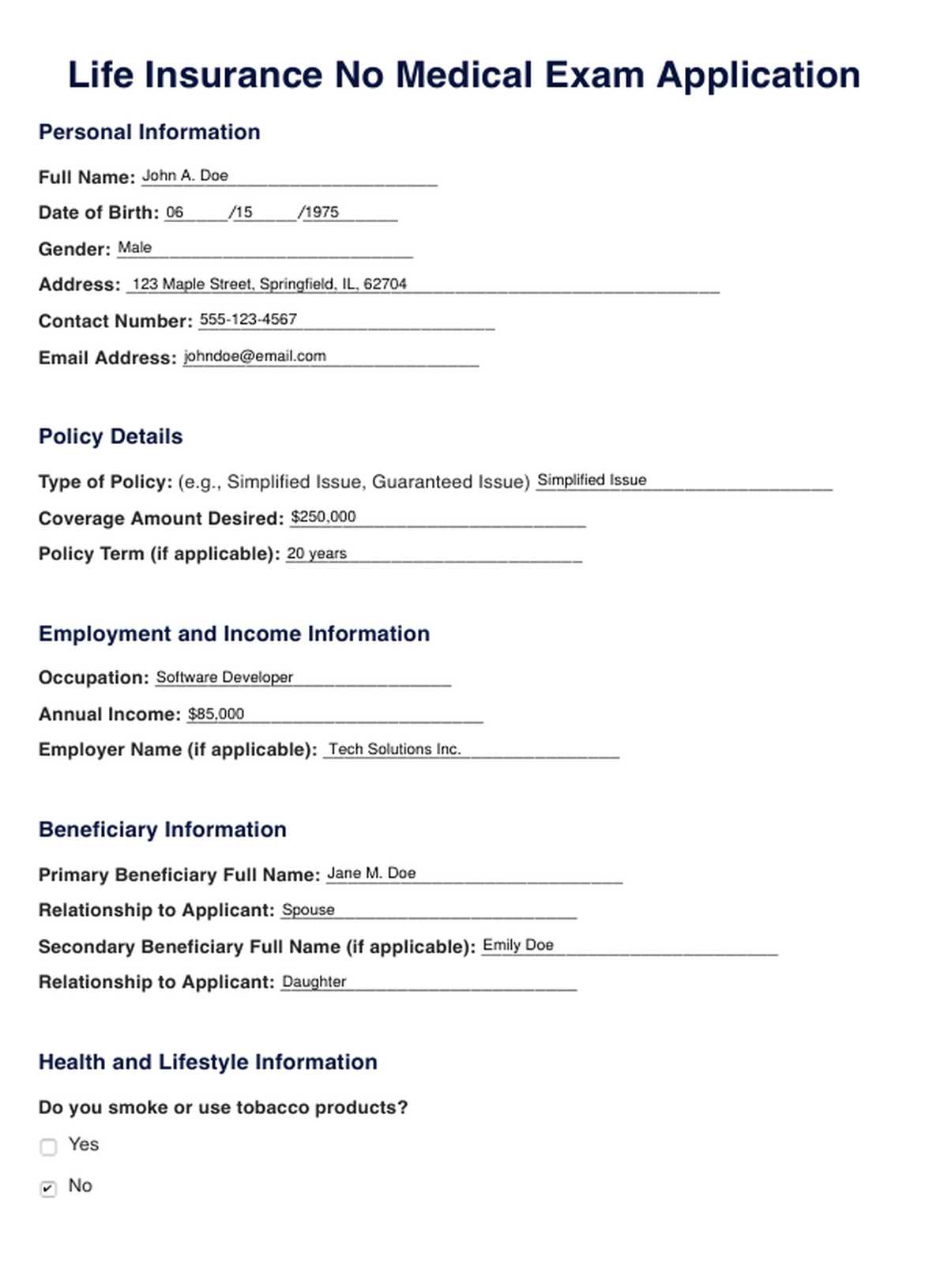 Life Insurance No Medical Exam PDF Example