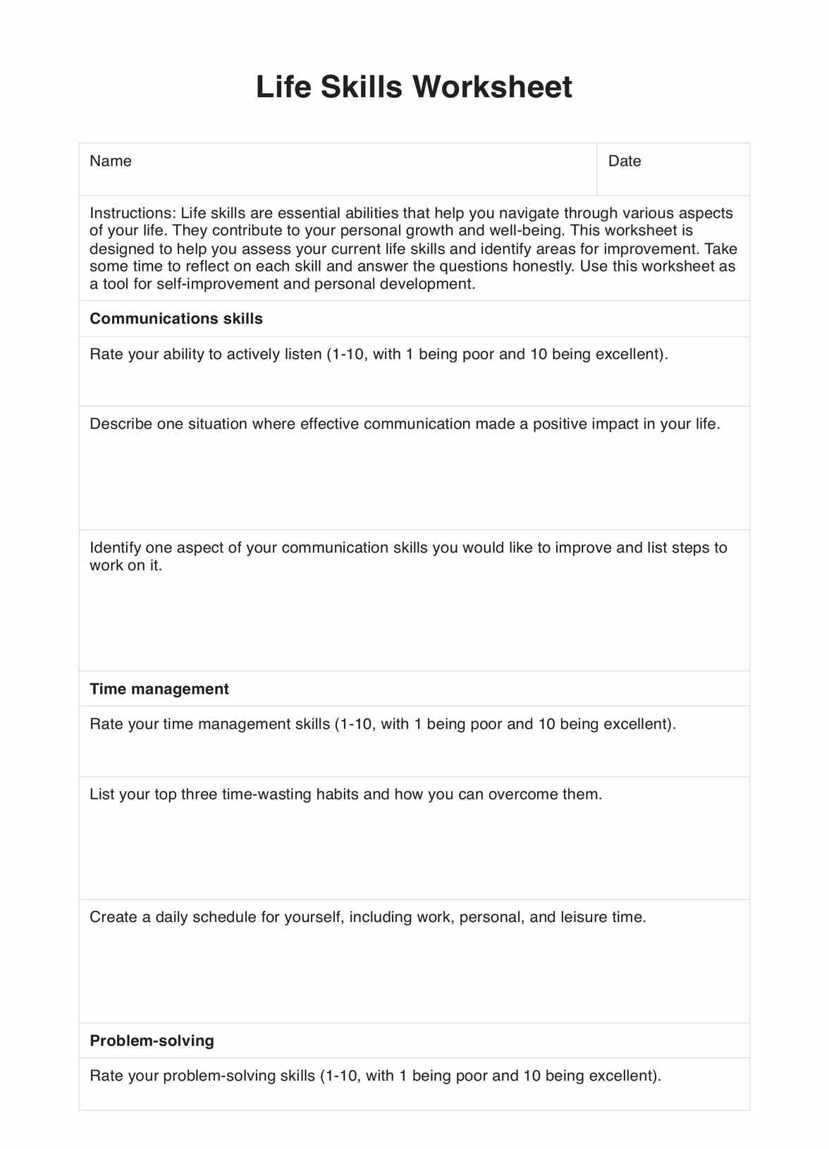 Life Skills Worksheets PDF Example