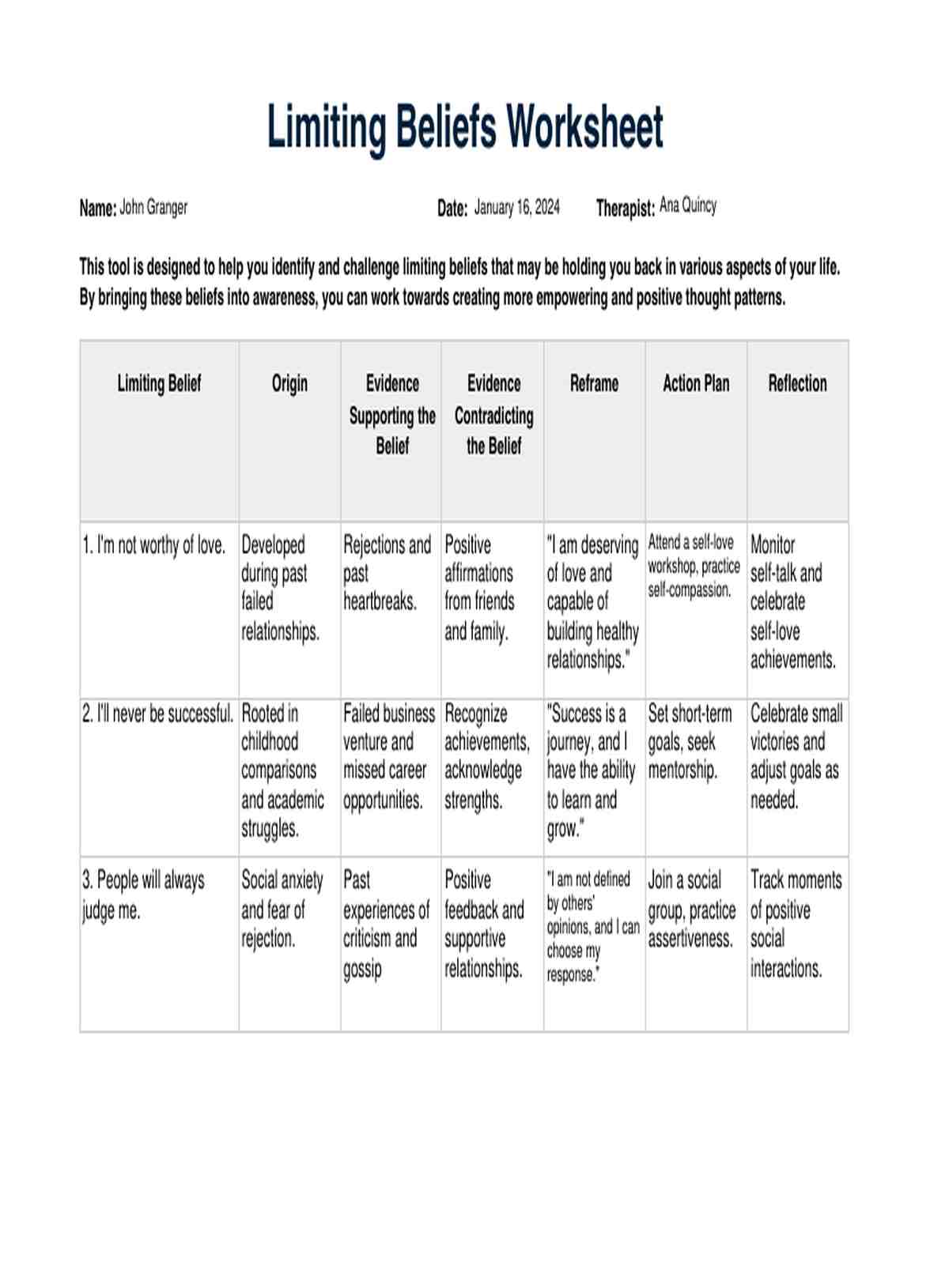 Limiting Beliefs Worksheet PDF Example
