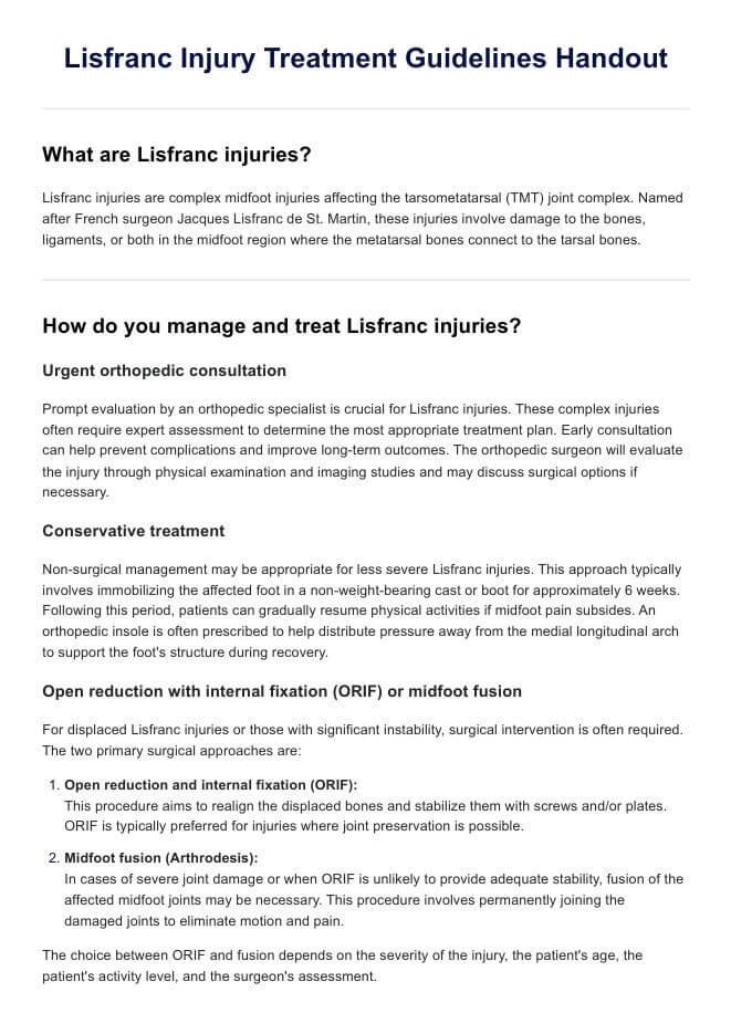 Lisfranc Injury Treatment Guidelines Handout PDF Example