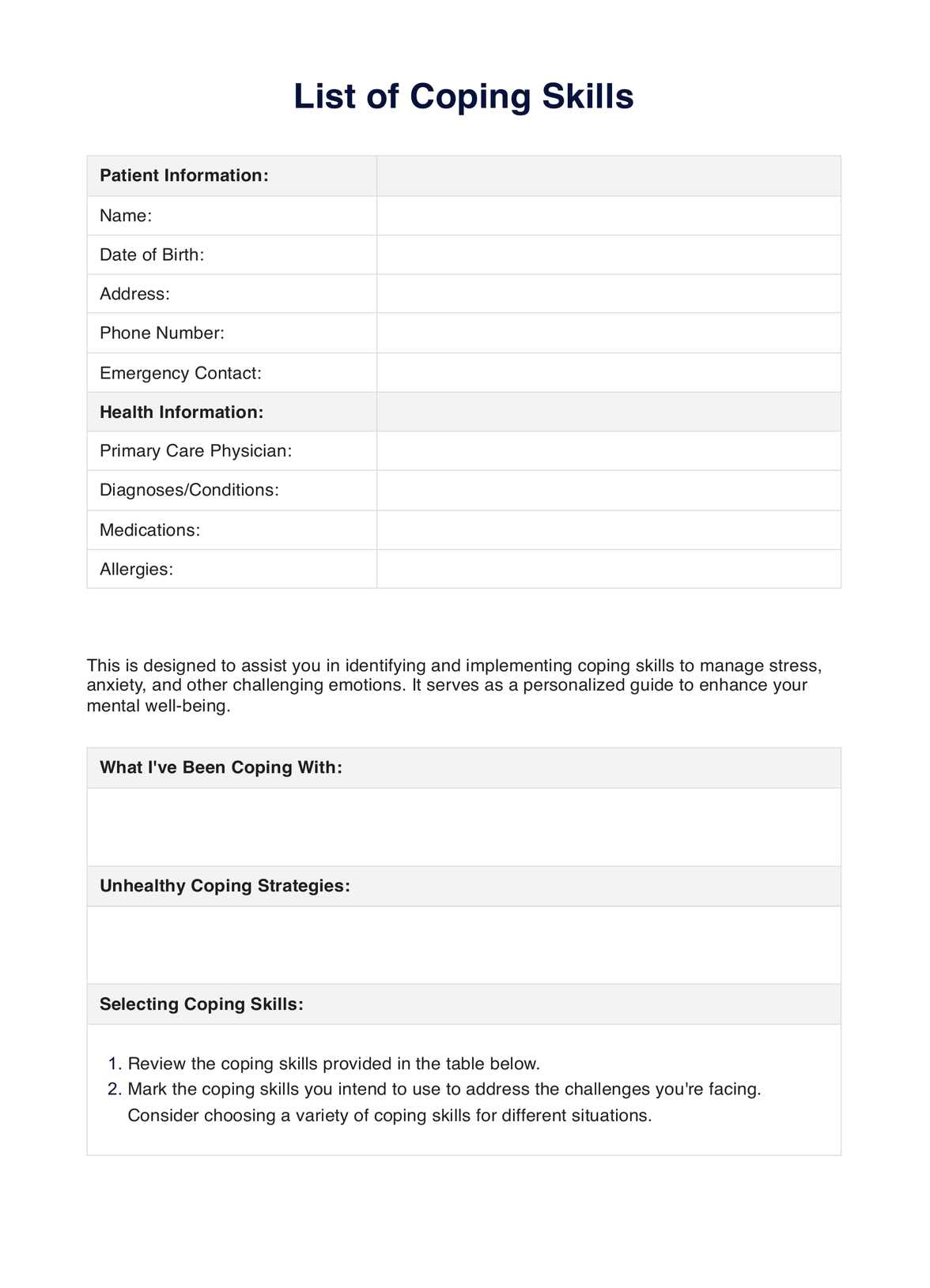 List of Coping Skills PDF PDF Example
