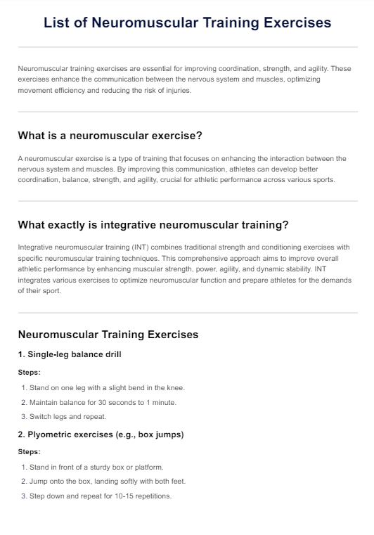 List of Neuromuscular Training Exercises PDF Example