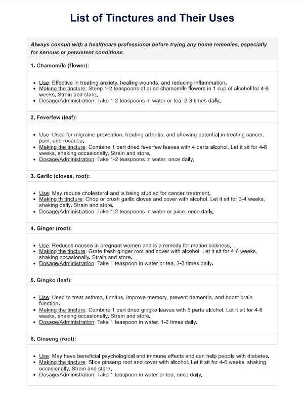 टिंचर्स और उपयोगों की सूची PDF Example