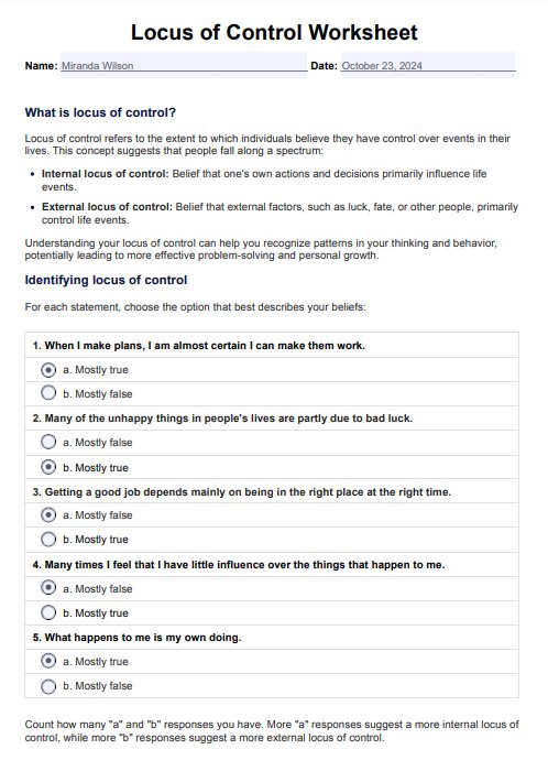 Locus of Control Worksheet PDF Example