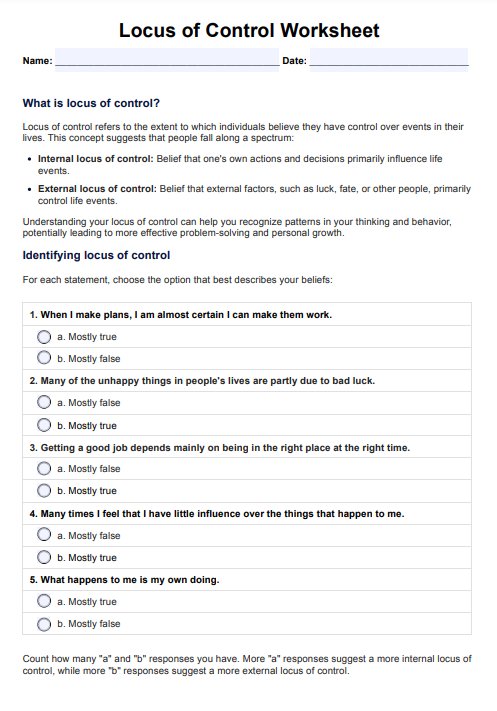 Locus of Control Worksheet PDF Example