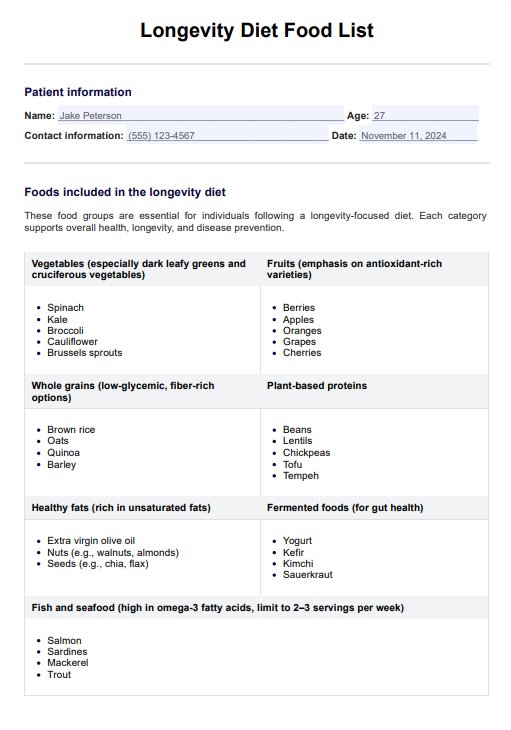 Longevity Diet Food List PDF Example