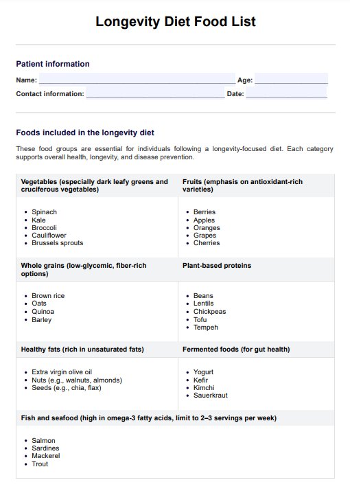 Longevity Diet Food List PDF Example