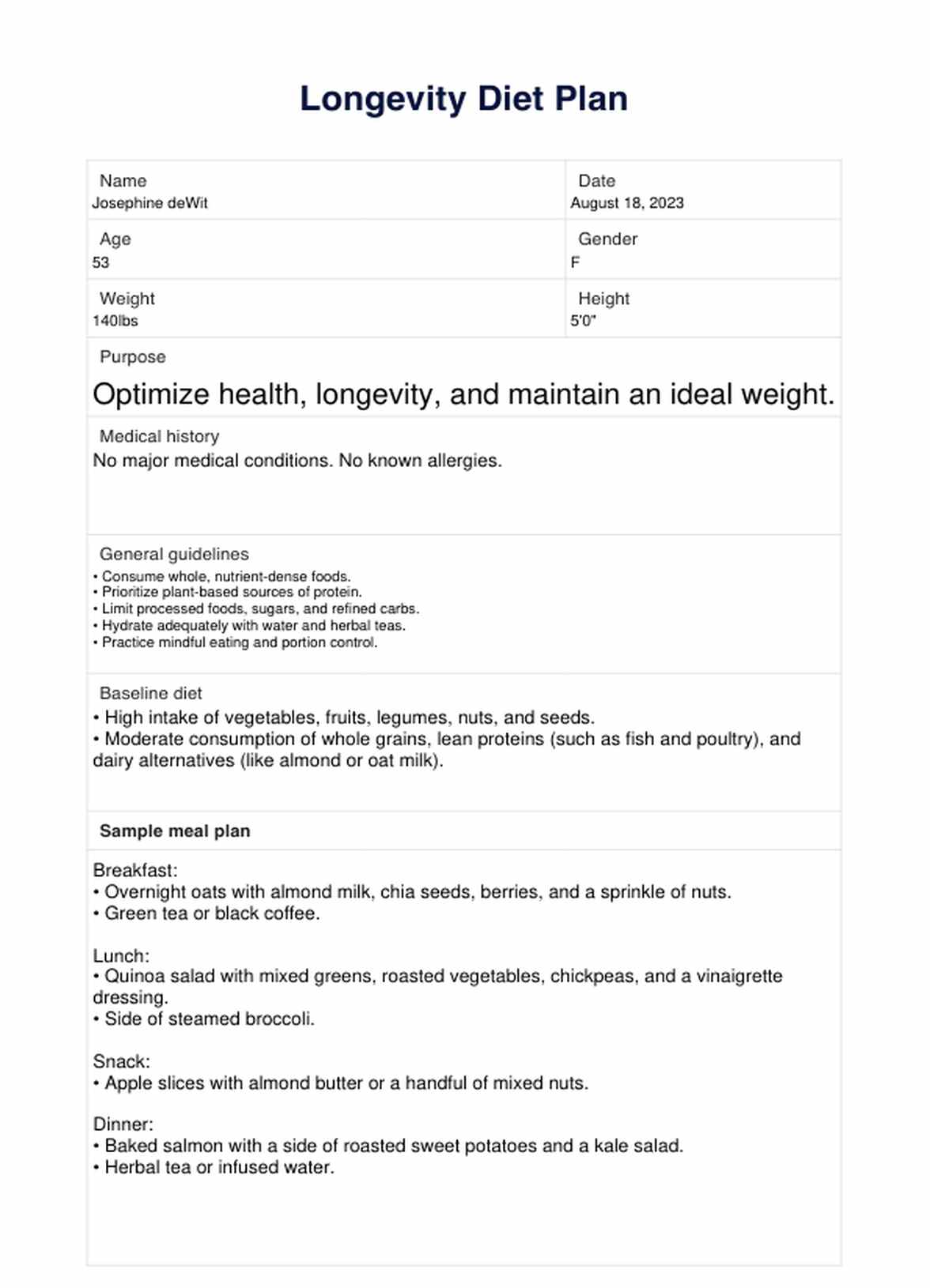 Longevity Diet PDF Example