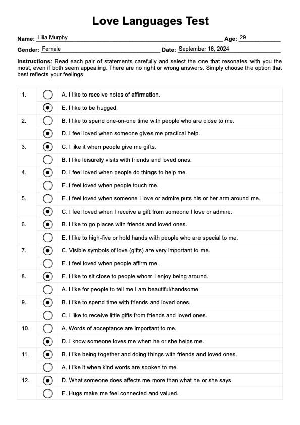 लव लैंग्वेज टेस्ट PDF Example