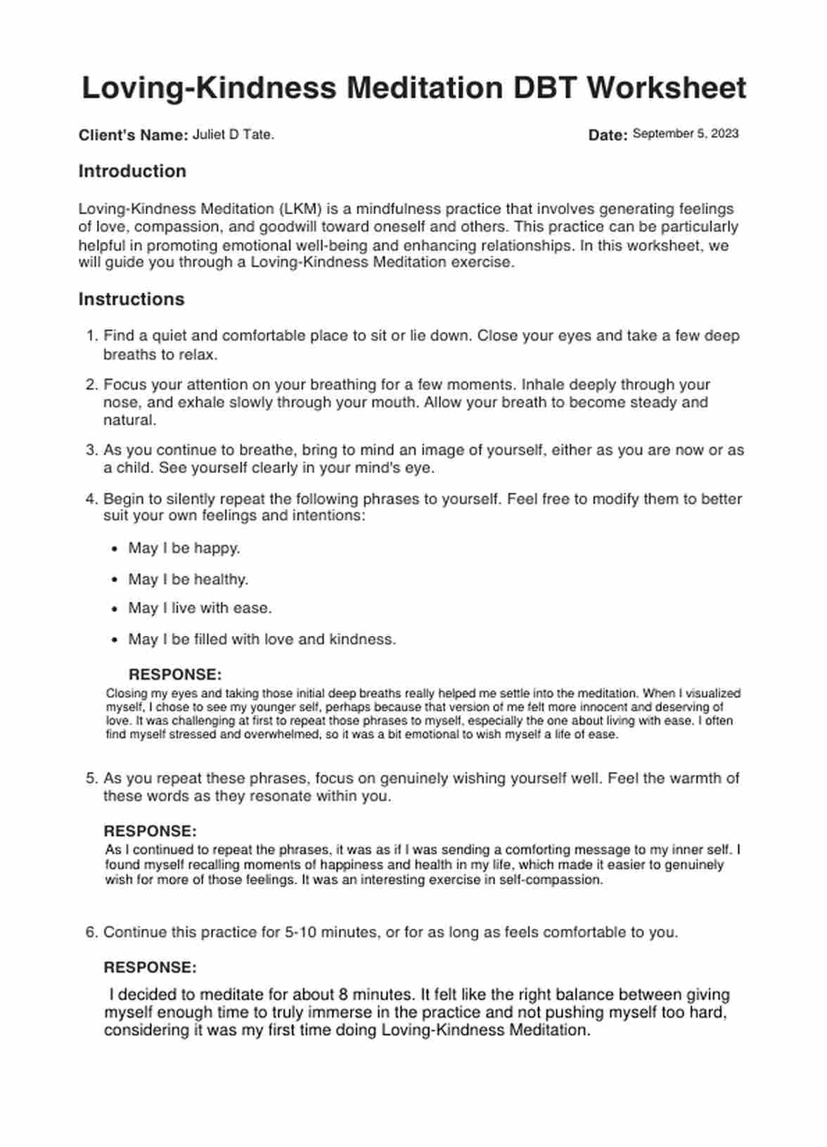 Loving Kindness Meditation DBT Worksheet PDF Example