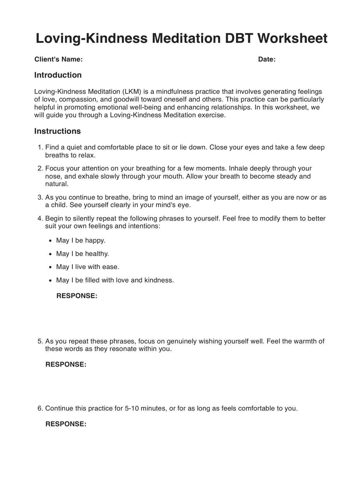 Loving Kindness Meditation DBT Worksheet PDF Example