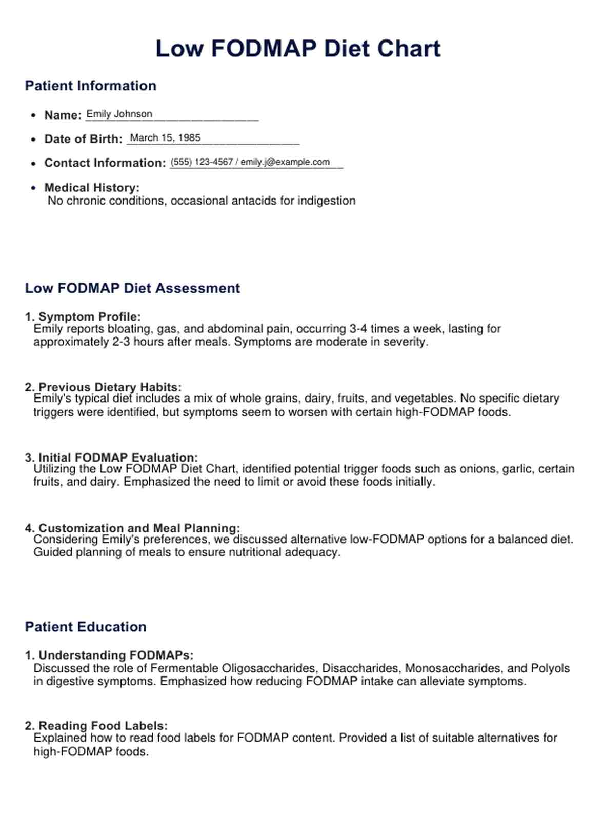 Low FODMAP Diet Chart PDF Example