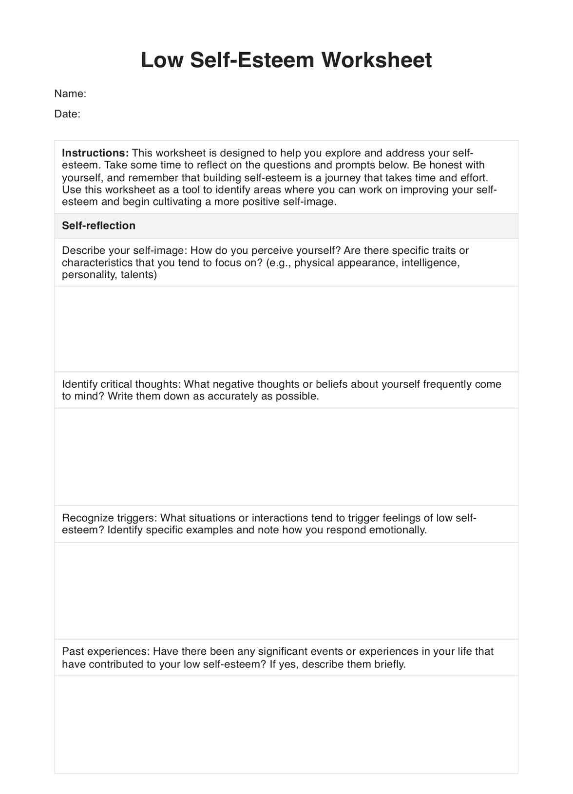 Low Self-Esteem Worksheet PDF Example