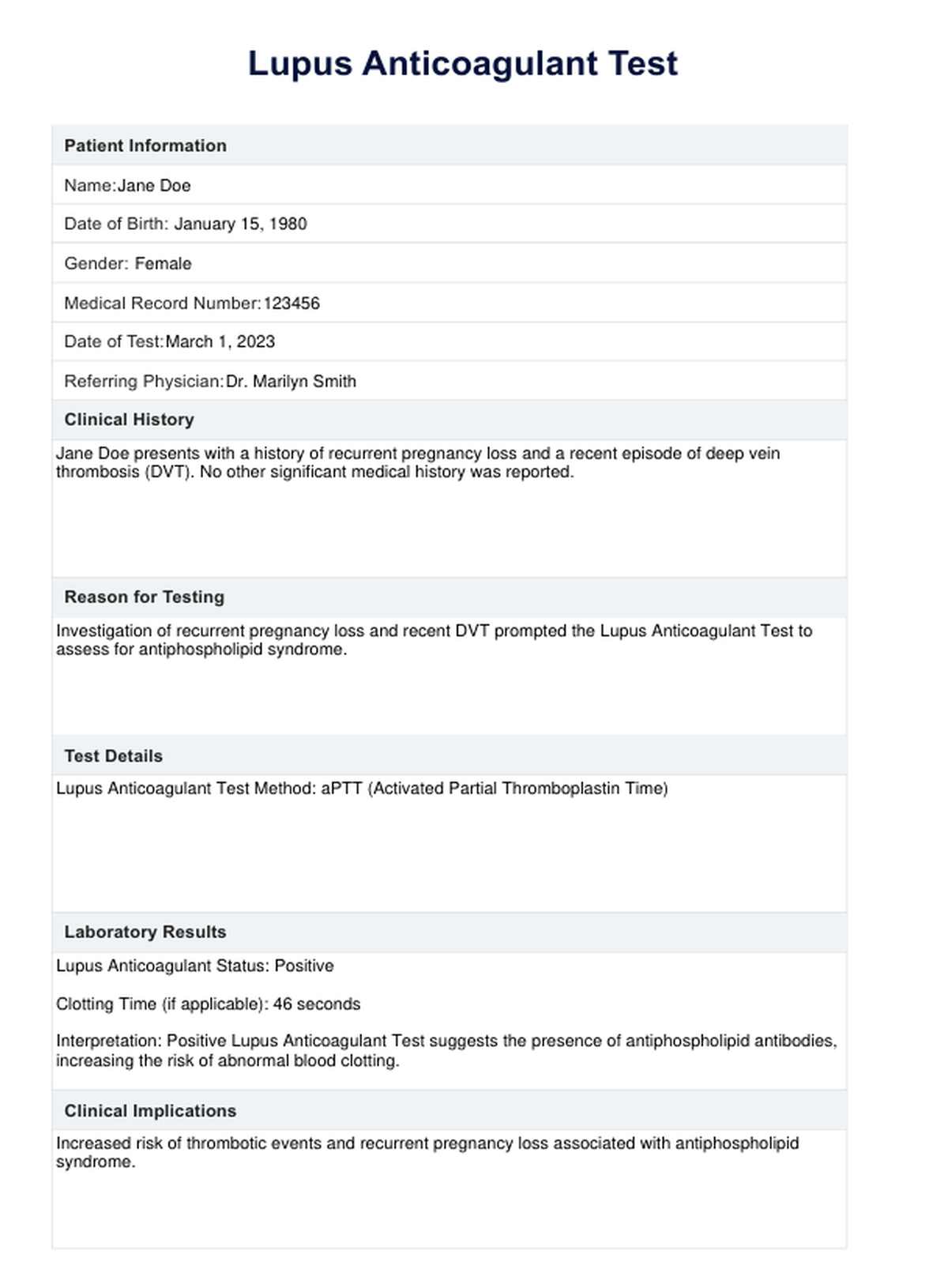 Lupus Anticoagulant Test PDF Example