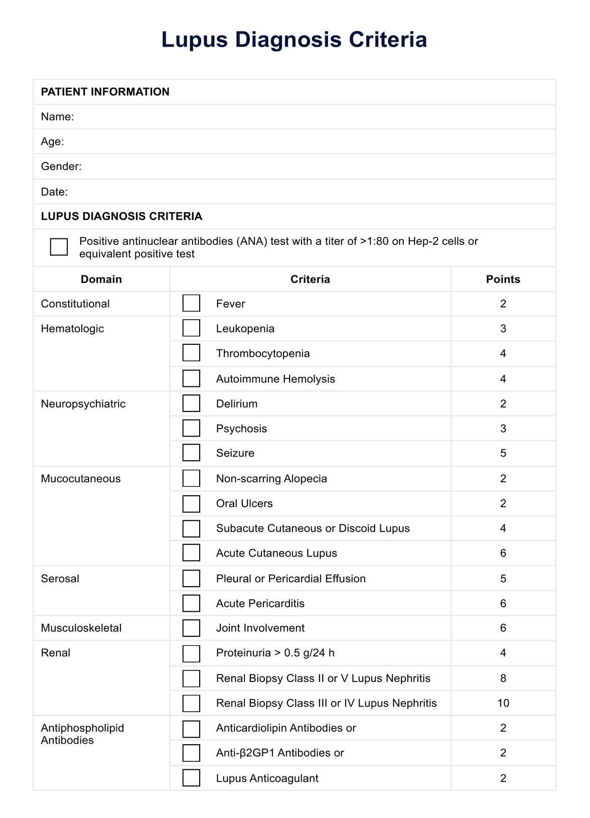 Lupus Diagnosis Criteria PDF Example