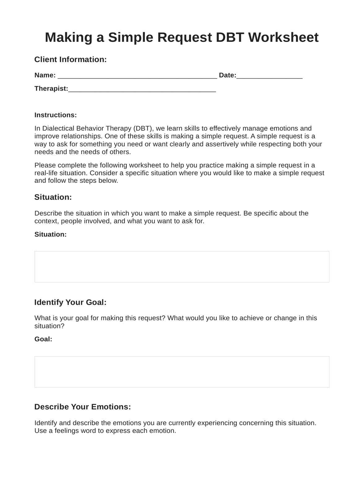 Making a Simple Request DBT Worksheet PDF Example