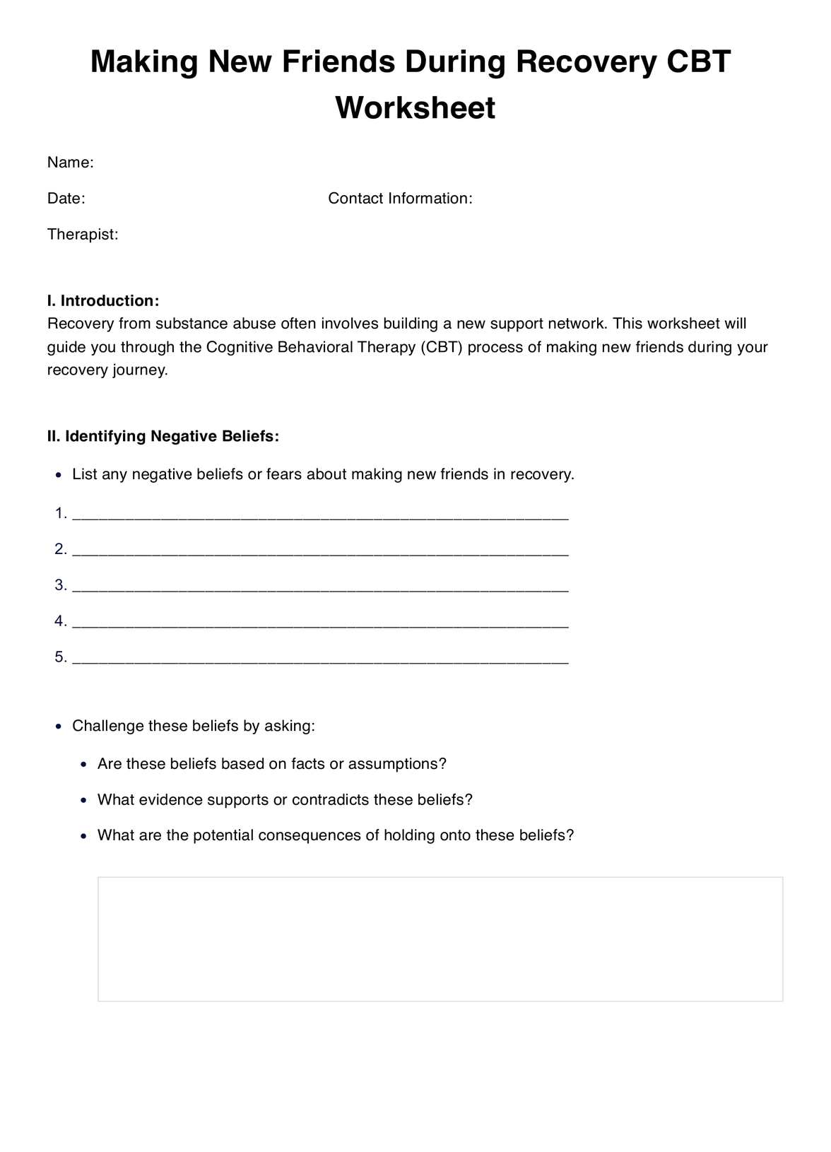Making New Friends During Recovery CBT Worksheets PDF Example