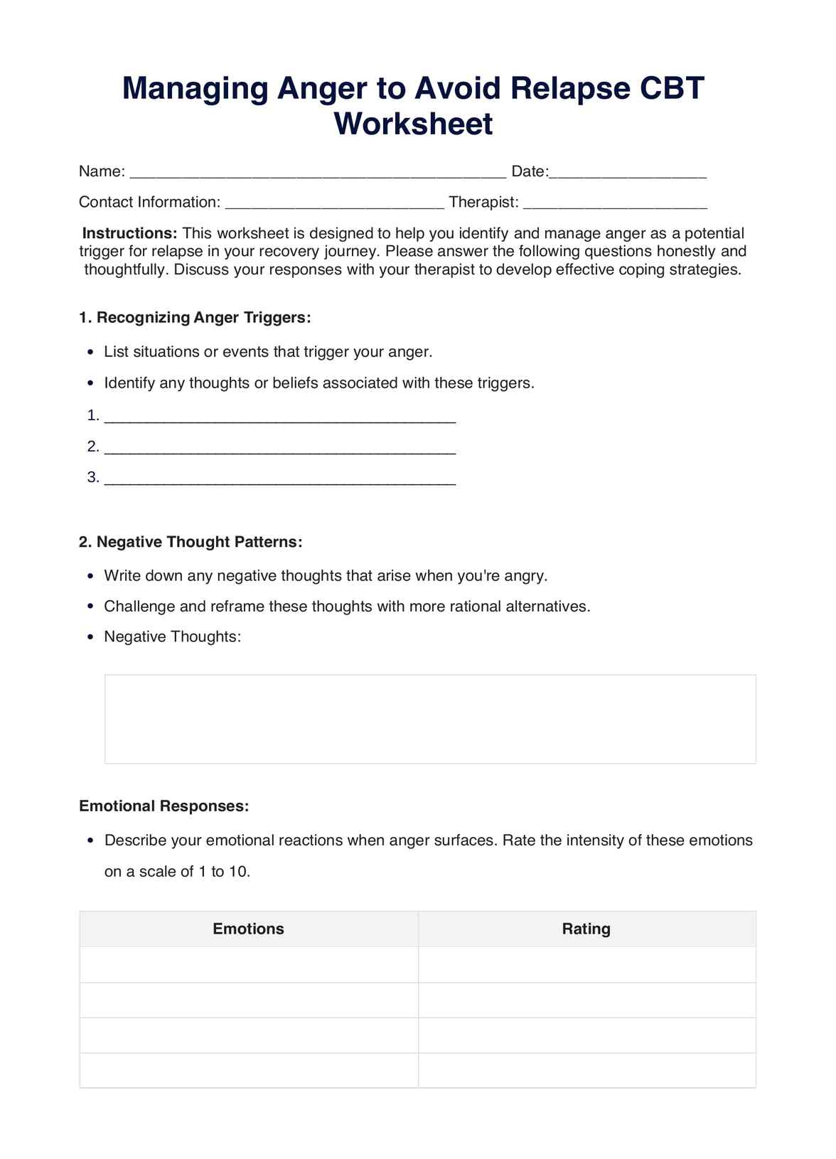 Managing Anger to Avoid Relapse CBT Worksheet PDF Example