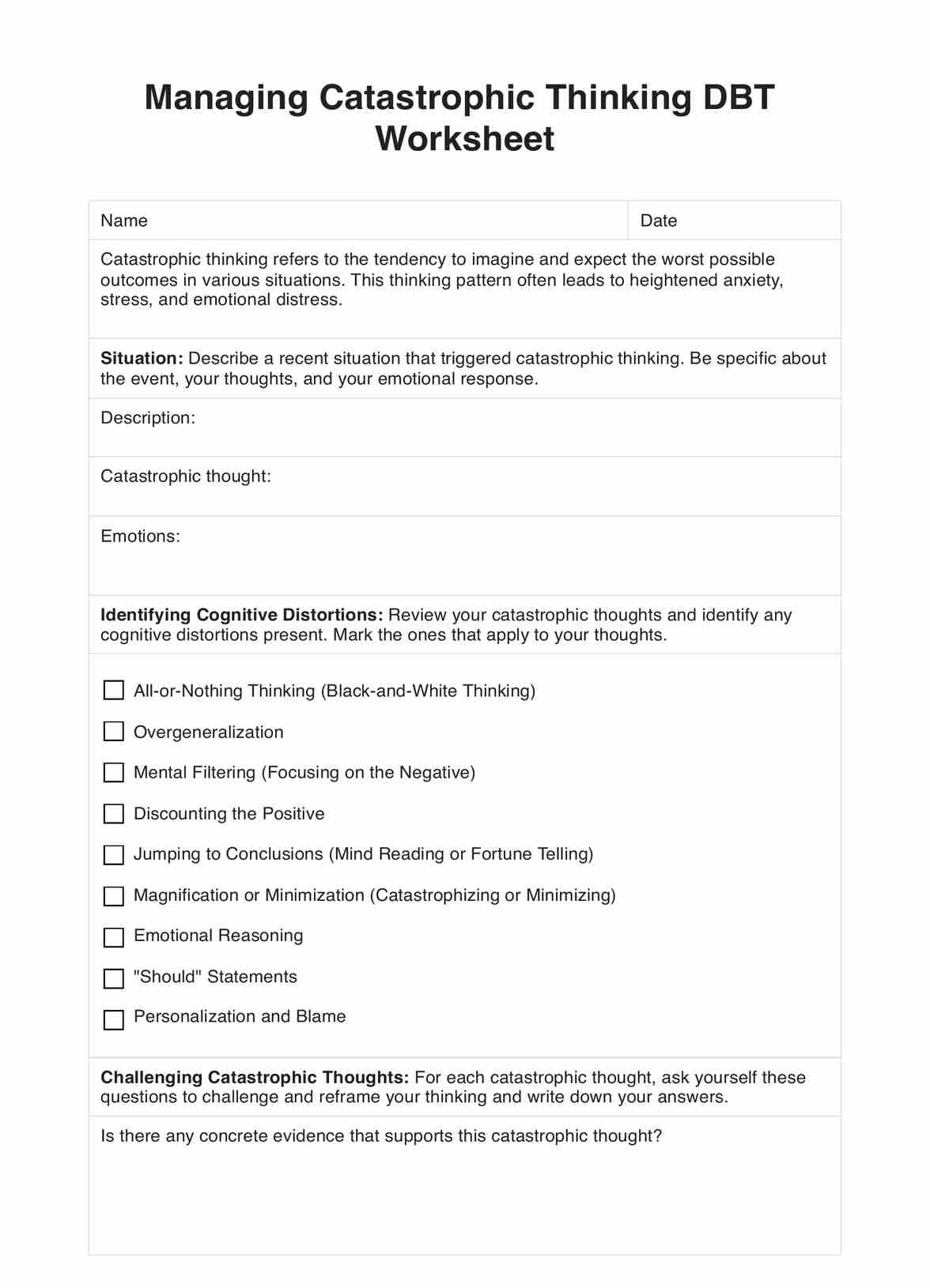 Managing Catastrophic Thinking DBT Worksheet PDF Example