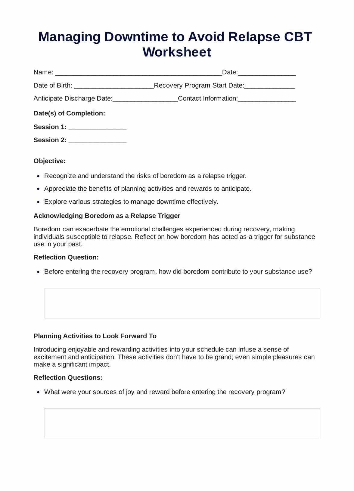 Managing Downtime to Avoid Relapse CBT Worksheet PDF Example