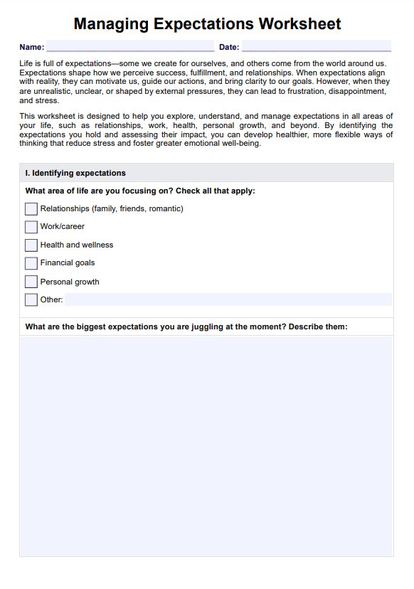 Managing Expectations Worksheet PDF Example