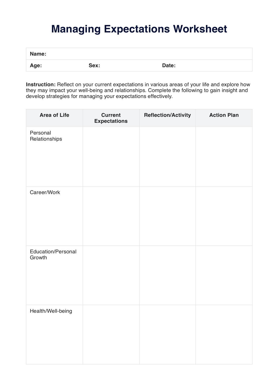 Managing Expectations Worksheet PDF Example