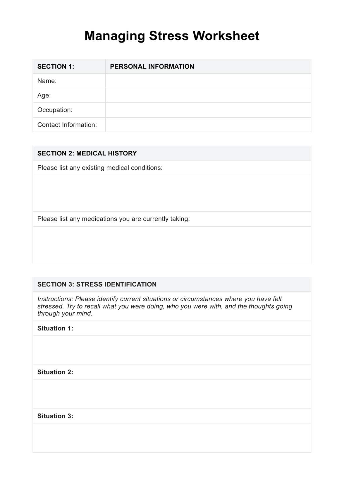 Managing Stress Worksheet PDF Example