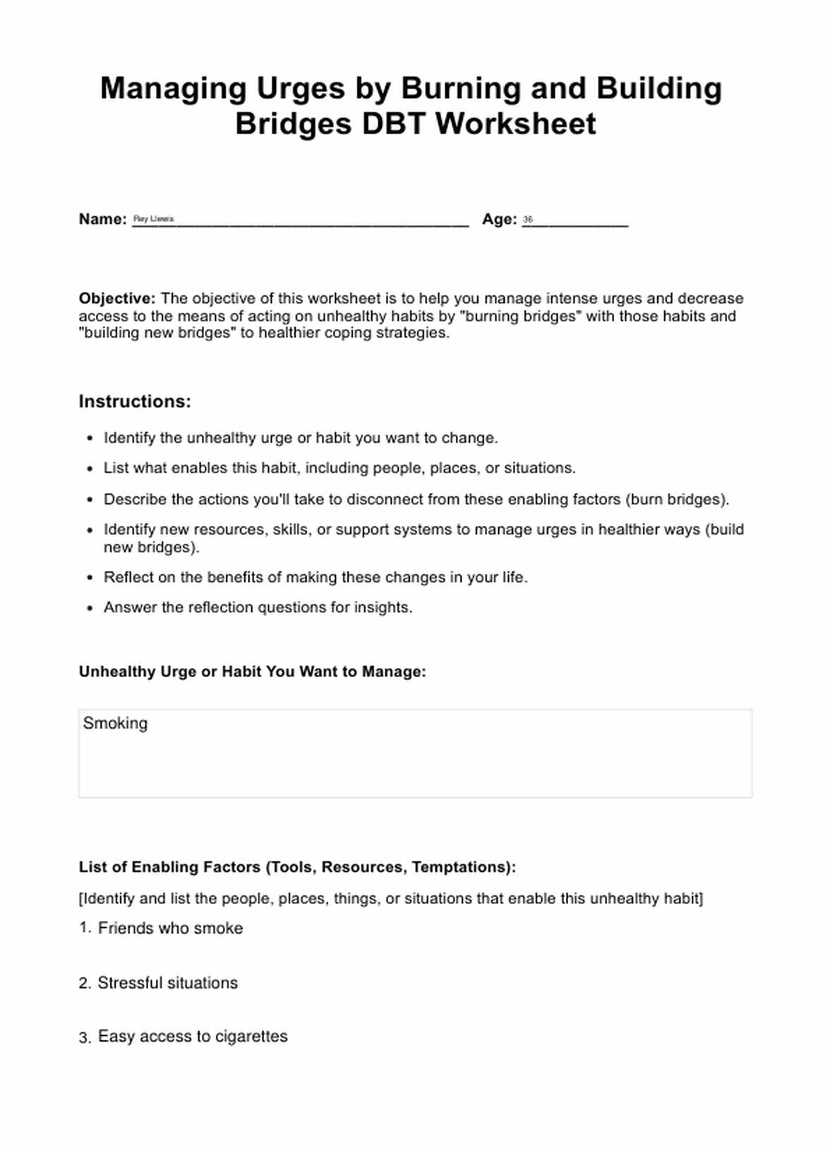 Managing Urges by Burning and Building Bridges DBT Worksheet PDF Example