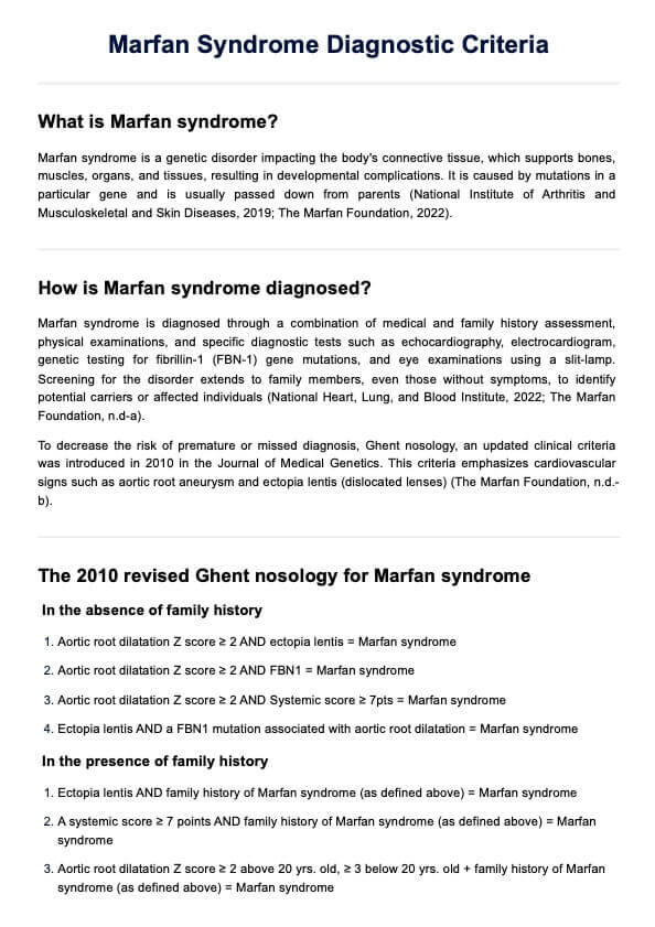 Marfan Syndrome Diagnostic Criteria PDF Example