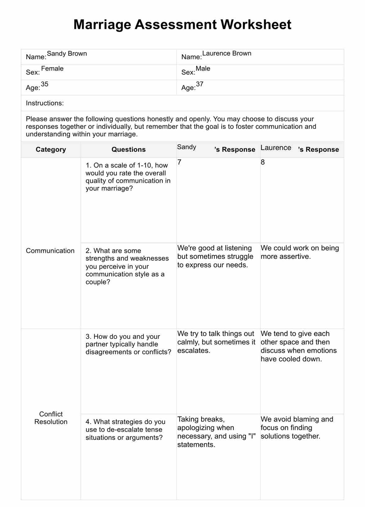 Hoja de Ejercicios de Evaluación matrimonial PDF Example