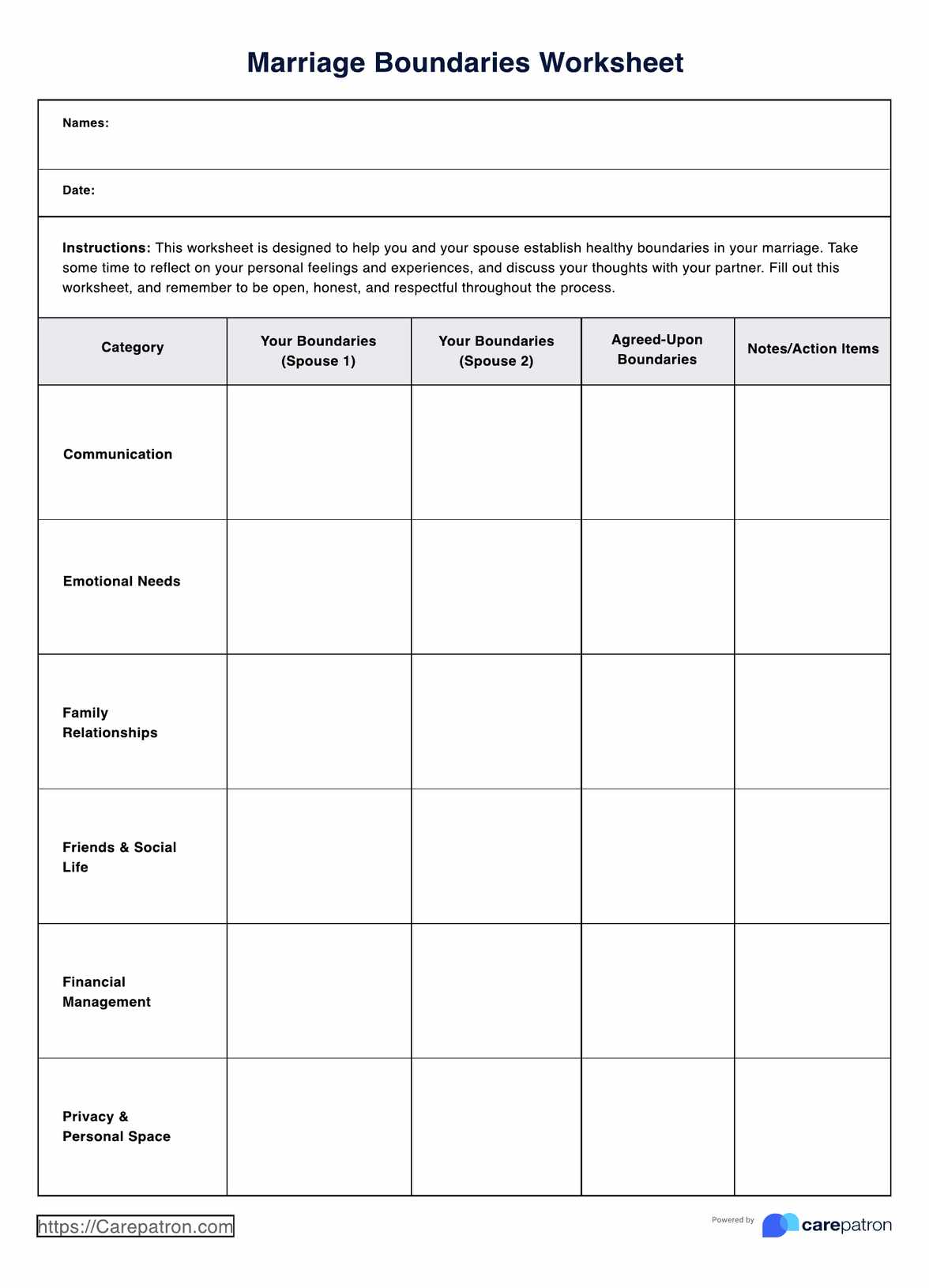 Marriage Boundaries Worksheet PDF Example