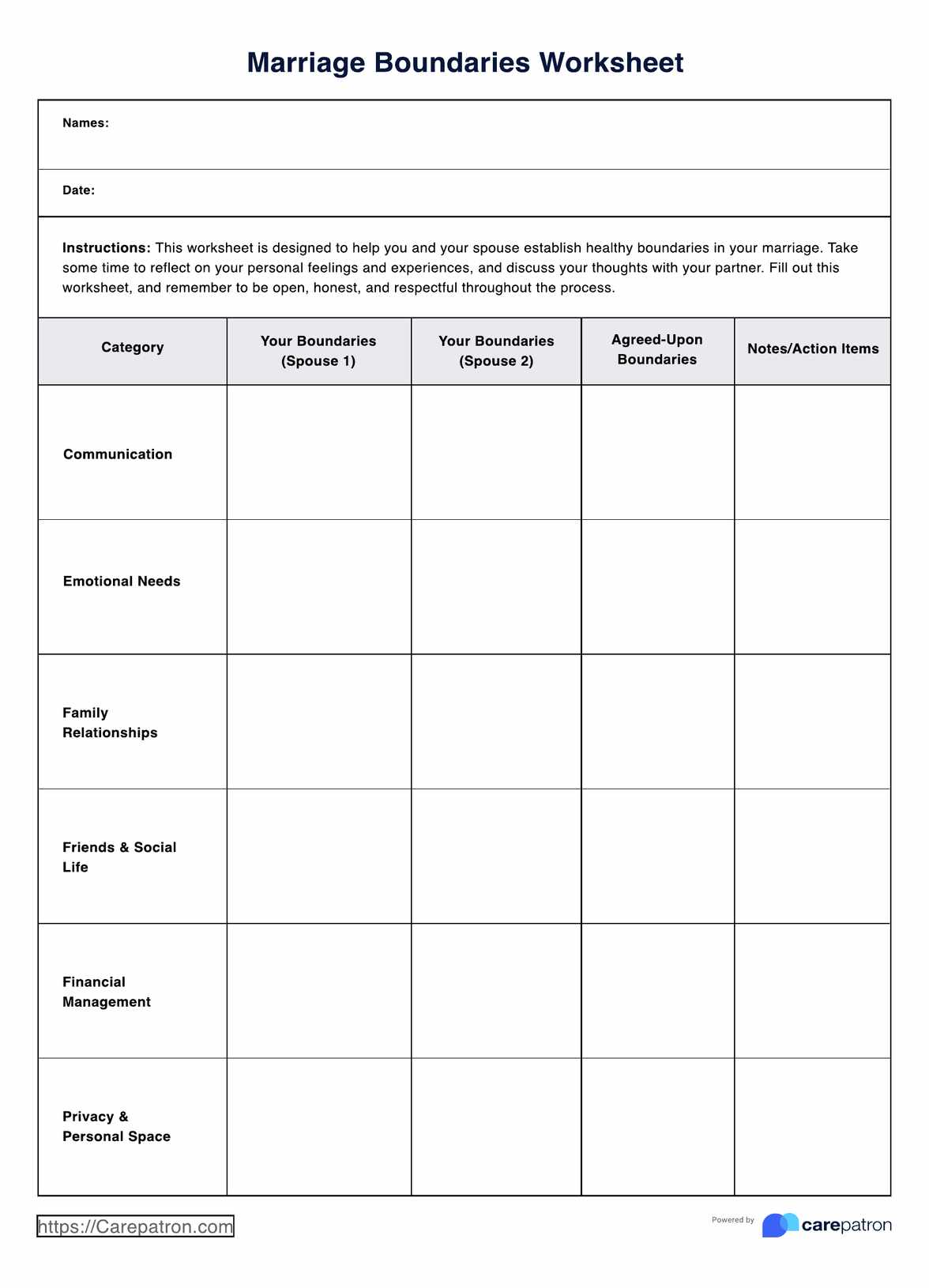 Marriage Assessment Worksheet Example Free PDF Download