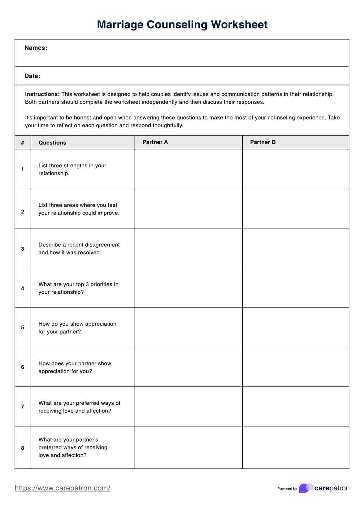 Marriage Counseling Worksheets PDF Example