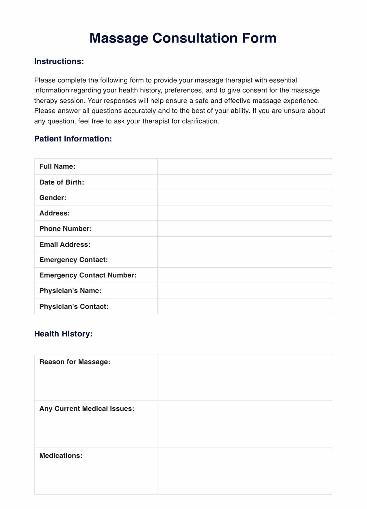 Massage Consultation Form PDF Example