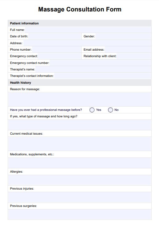 Massage Consultation Form PDF Example