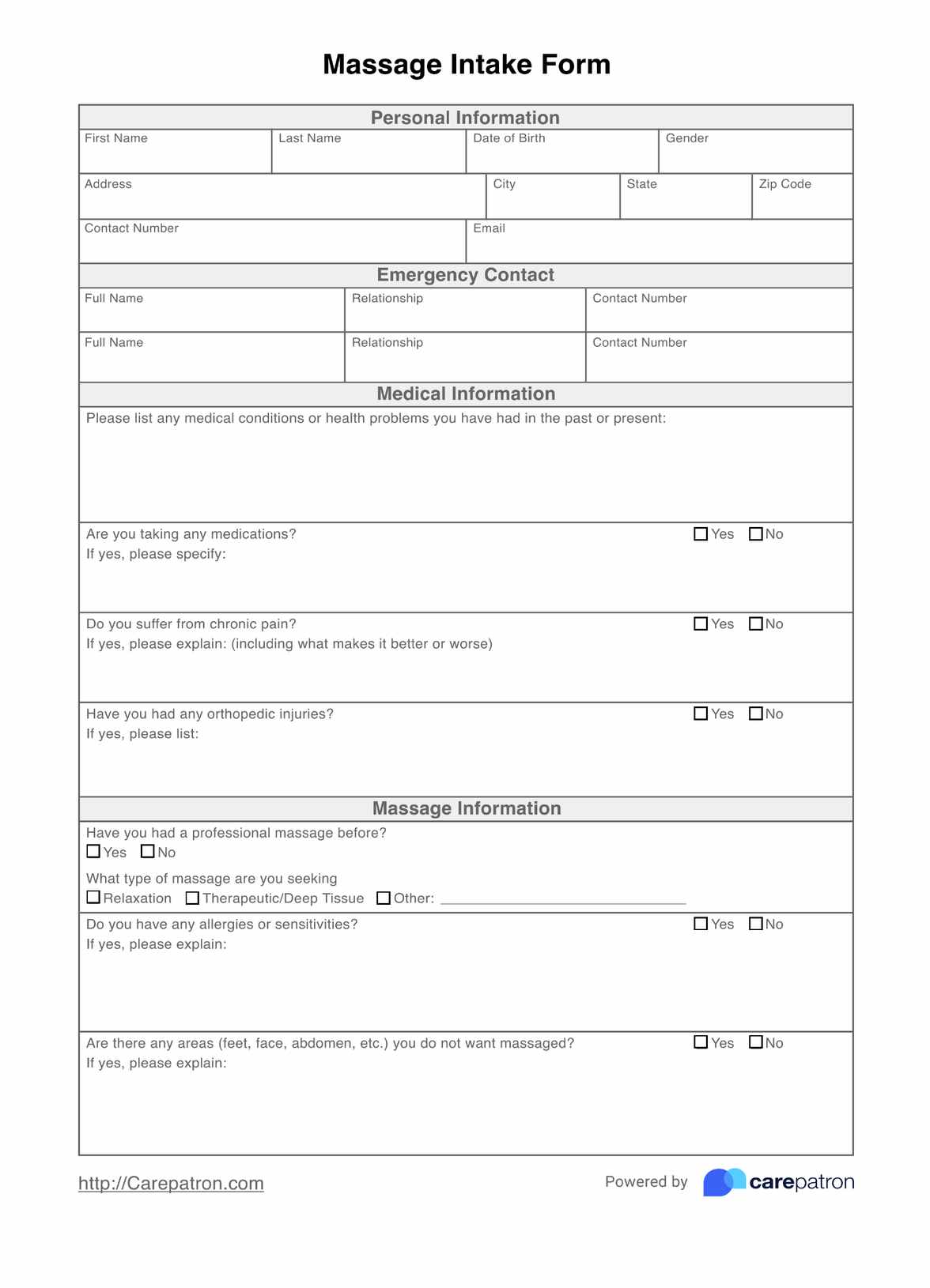 Massage Intake Form PDF Example