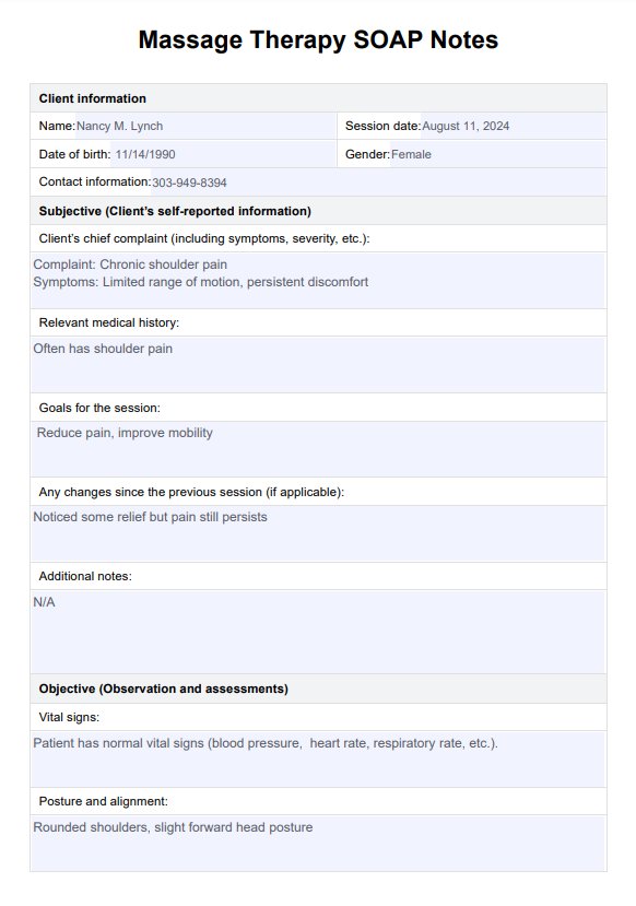 Notas SOAP de terapia de masaje PDF Example