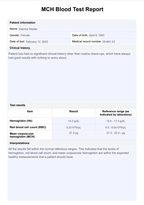 Reporte de análisis de sangre HCM (hemoglobina corpuscular media ) PDF Example