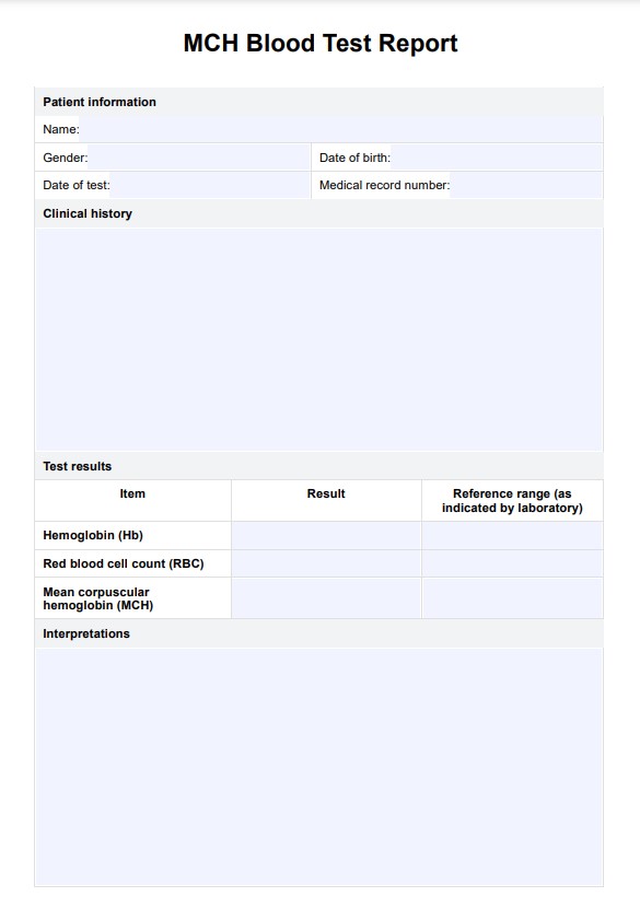 Reporte de análisis de sangre HCM (hemoglobina corpuscular media ) PDF Example