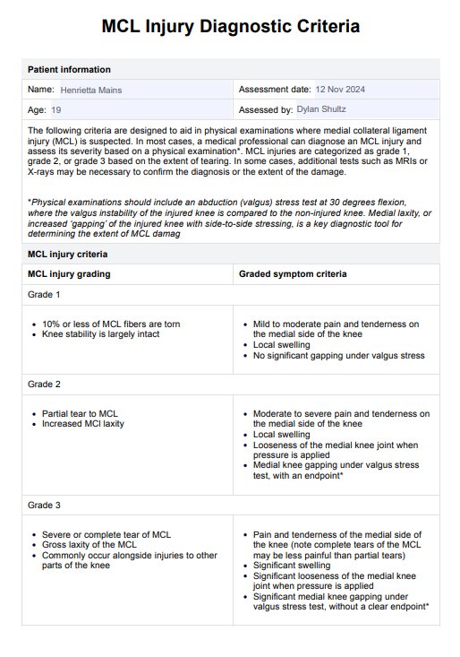 MCL Injury Diagnostic Criteria PDF Example