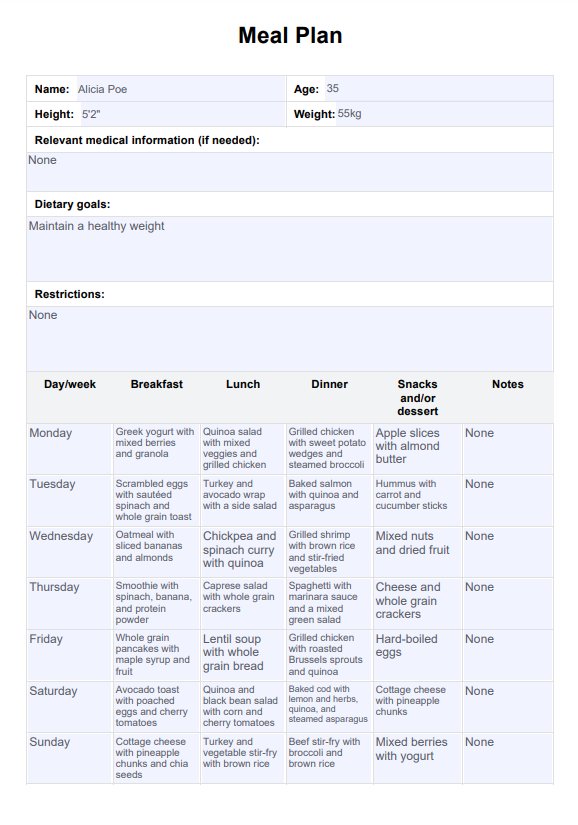 Ejemplo de plan de comidas PDF Example