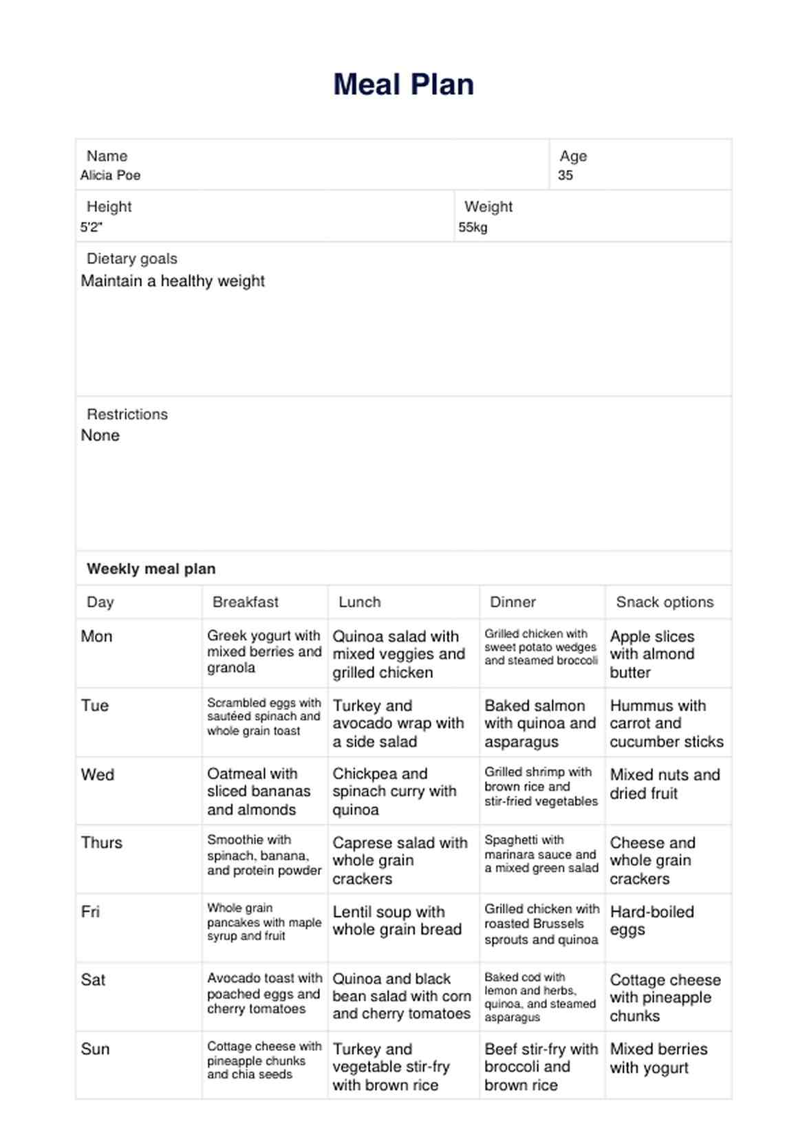 Meal Plan Template PDF Example
