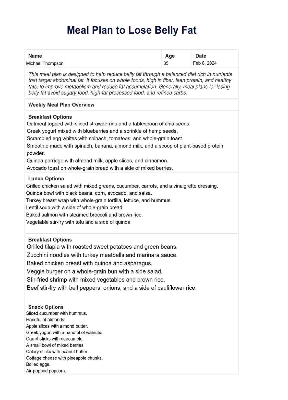 Meal Plan to Lose Belly Fat PDF Example