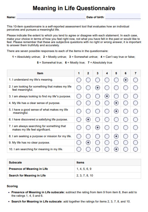 Meaning in Life Questionnaire PDF Example