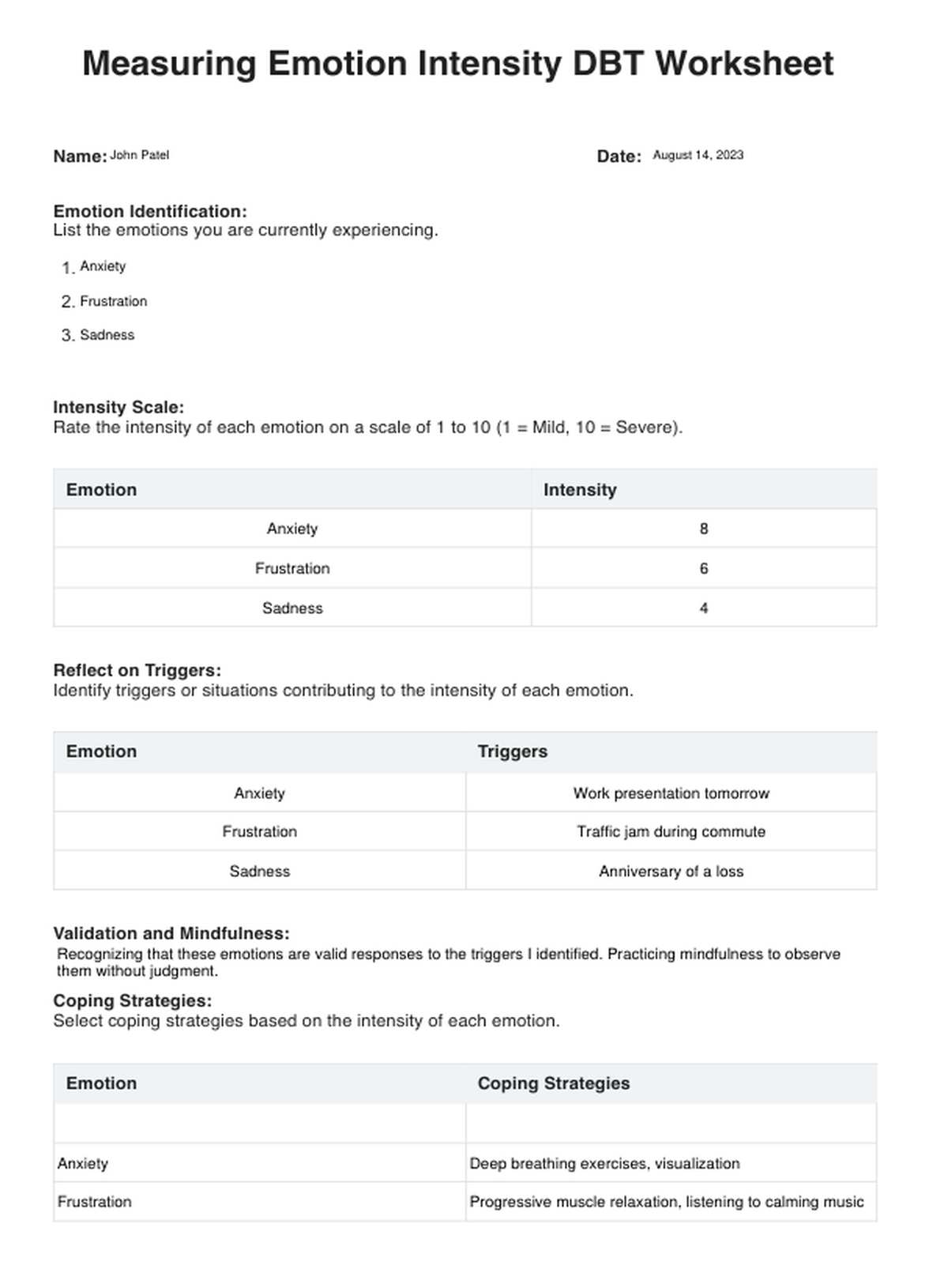 Measuring Emotion Intensity DBT Worksheet PDF Example
