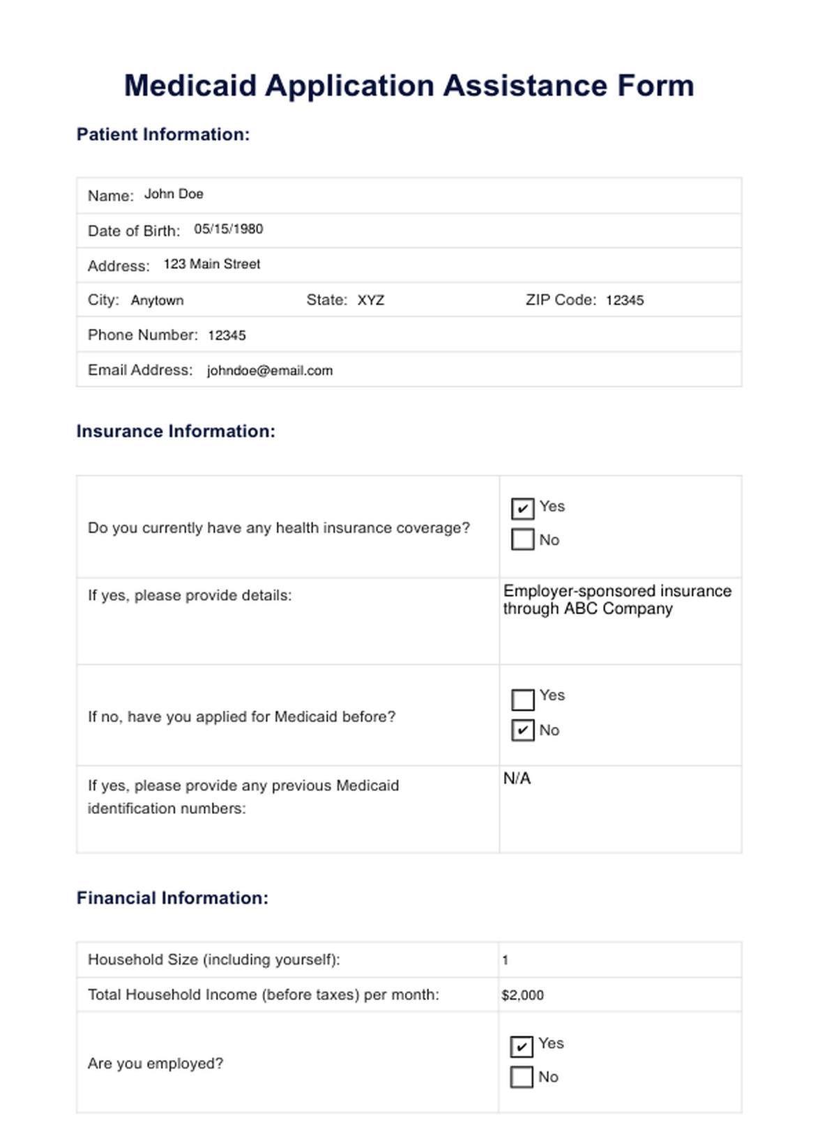 Medicaid Application Form PDF Example