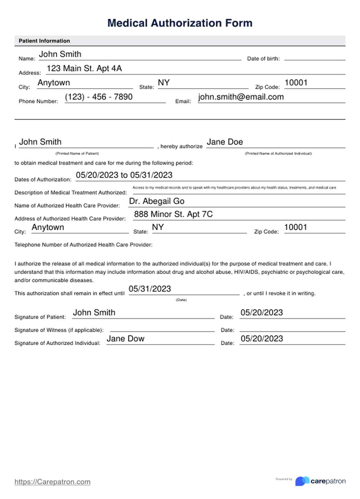 Medical Authorization Form PDF Example