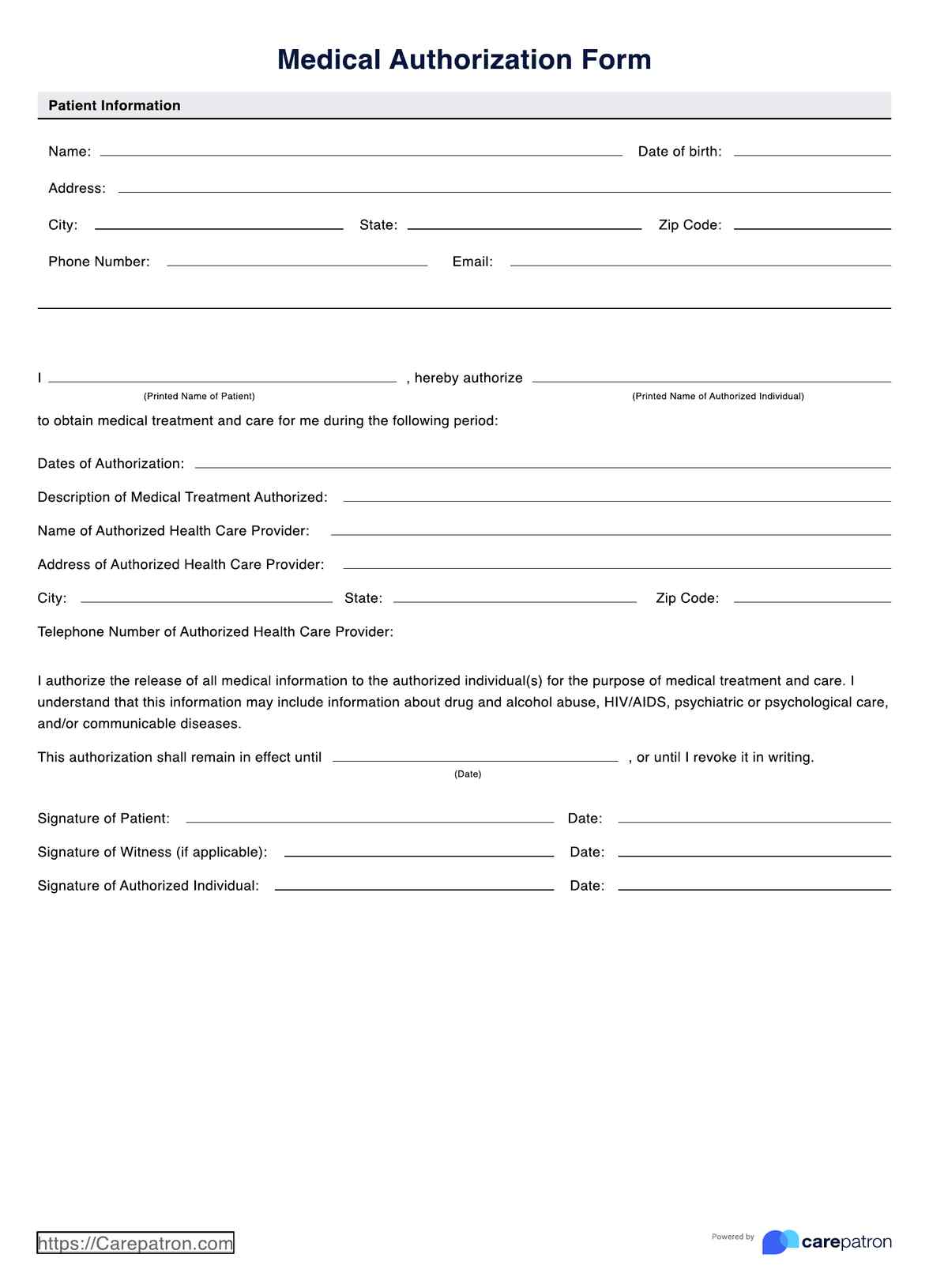 Medical Authorization Form PDF Example